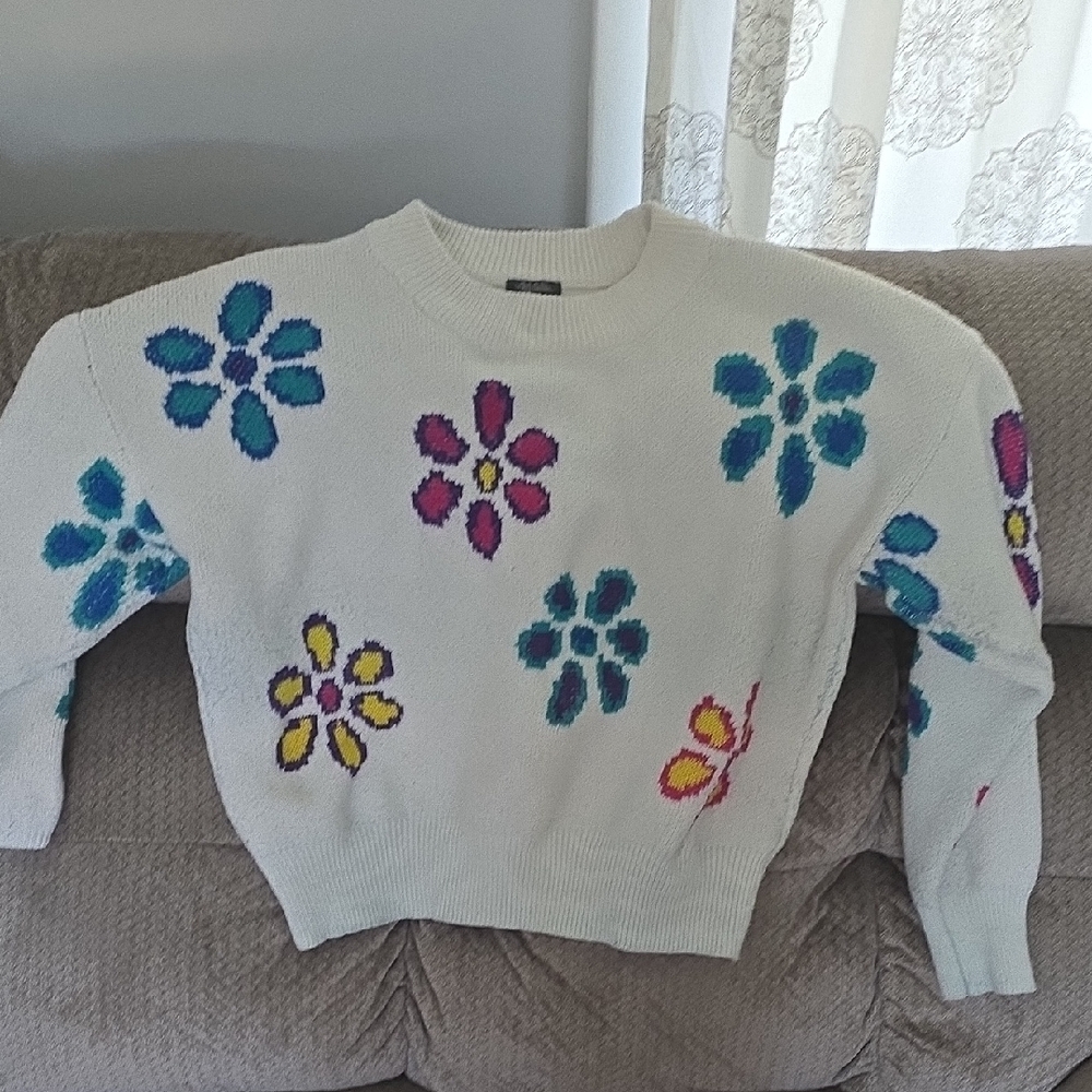 Wild Fable White and Blue Crew Neck Sweater